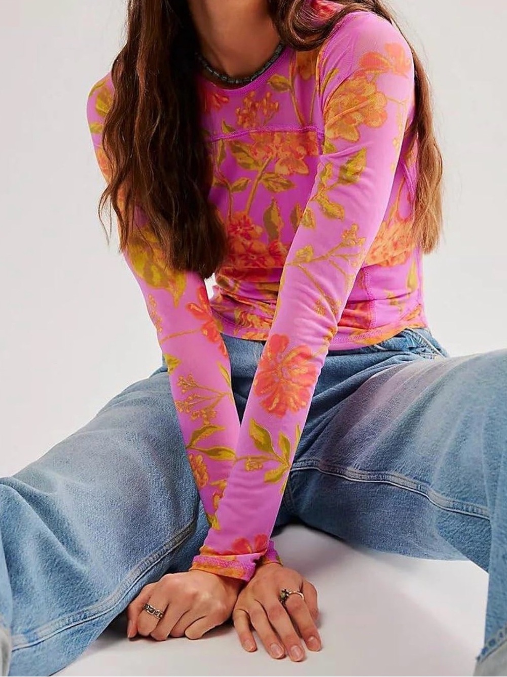 Ya Los Angeles Pink Floral Long-Sleeve Mesh Top - Picture 2 of 4